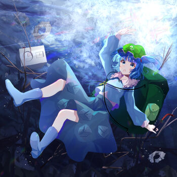 1girl :o absurdres blue_boots blue_eyes blue_hair blue_pants blue_shirt blush boots collared_shirt commentary contrast_collar frilled_shirt_collar frills frost gears green_hat hat highres holding kawashiro_nitori long_sleeves looking_up nettian51 pants pocket shirt short_hair sleeve_cuffs solo tools touhou twig undershirt underwater