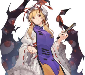 1girl alternate_hairstyle artist_request blonde_hair breasts closed_mouth dress folded_fan folding_fan frilled_sleeves frills game_cg gap_(touhou) hair_ribbon hairstyle_request hand_fan hat hat_ribbon holding holding_fan labyrinth_of_touhou_(series) labyrinth_of_touhou_tri light_smile long_hair long_sleeves looking_at_viewer medium_breasts mob_cap official_art parasol purple_tabard red_eyes red_ribbon ribbon ribbon-trimmed_sleeves ribbon_trim solo tabard third-party_source touhou transparent_background umbrella white_dress white_hat white_umbrella wide_sleeves yakumo_yukari