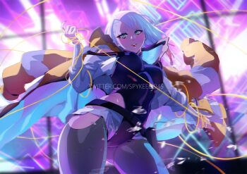 1girl black_shirt blue_eyes blue_hair breasts clothing_cutout cowboy_shot cropped_jacket cyberpunk:_edgerunners cyberpunk_(series) eyeliner grey_pantyhose highres hip_vent holding holding_string jacket looking_at_viewer lucy_(cyberpunk) makeup medium_breasts pantyhose parted_bangs parted_lips red_eyeliner shirt short_hair solo spykeee string twitter_username white_jacket