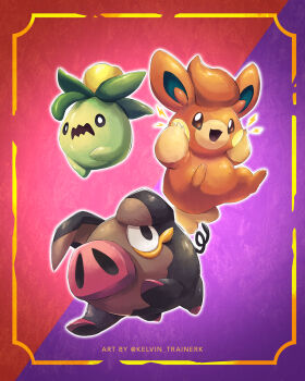 black_eyes bright_pupils commentary framed highres kelvin-trainerk lechonk lightning_bolt_symbol nintendo no_humans open_mouth outline pawmi pokemon pokemon_(creature) smoliv tongue twitter_username wavy_mouth white_pupils