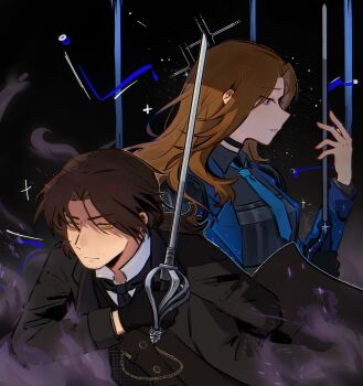 1boy 1girl aaaduorenzu armor black_gloves black_jacket black_shirt blue_coat blue_eyes blue_necktie brown_eyes brown_hair coat collared_shirt colored_smoke constellation_print cowboy_shot curtained_hair e.g.o_(project_moon) gloves gregor_(project_moon) hair_over_shoulder hand_up highres holding holding_sword holding_weapon jacket limbus_company long_hair long_sleeves looking_at_hand necktie official_alternate_costume pocket_watch power_connection project_moon rapier rodion_(project_moon) serious shirt short_hair shoulder_armor sidelocks single_glove sky smoke star_(sky) starry_sky sword the_sword_sharpened_with_tears_(e.g.o) trait_connection watch weapon weapon_connection white_shirt wuthering_heights_(identity)_(project_moon) yellow_eyes