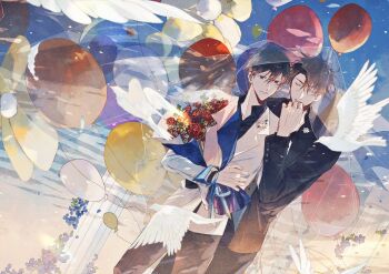 Rule 34 | 2boys, :d, balloon, bird, black coat, black eyes, black hair, black shirt, bouquet, breathing742105, bridal veil, closed eyes, coat, column, dove, dutch angle, falling feathers, falling petals, feathers, flower, grin, highres, holding, holding bouquet, hug, hug from behind, implied yaoi, jewelry, kim dokja, male focus, multiple boys, omniscient reader's viewpoint, open clothes, open coat, open mouth, petals, pillar, popped collar, red flower, red rose, ring, rose, second-party source, shirt, short hair, smile, textless version, too many, too many birds, veil, wedding ring, white coat, wind, yoo joonghyuk