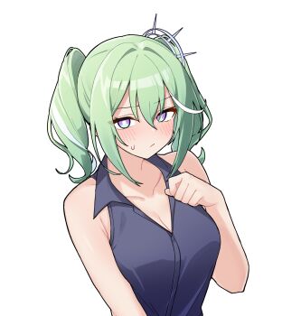Rule 34 | 1girl, absurdres, arm at side, armpit crease, blush, breasts, bright pupils, choppy bangs, cleavage, closed mouth, collared shirt, commentary, green hair, grey shirt, hair between eyes, hand up, highres, korean commentary, large breasts, long bangs, looking at viewer, maksagwa, medium hair, multicolored eyes, multicolored hair, purple eyes, shirt, simple background, sleeveless, sleeveless shirt, small sweatdrop, solo, stellive, streaked hair, twintails, two-tone eyes, upper body, virtual youtuber, white background, white pupils, wing collar, yuzuha riko