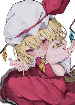 Rule 34 | 1girl, absurdres, ascot, blonde hair, blush, commentary request, crystal, crystal wings, flandre scarlet, frilled skirt, frills, hat, highres, kararage tsune, looking at viewer, mob cap, multicolored wings, one side up, paid reward available, pointy ears, puffy short sleeves, puffy sleeves, red eyes, red skirt, red vest, short sleeves, simple background, skirt, skirt set, touhou, vest, white background, white hat, wings, yellow ascot