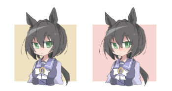 1girl animal_ears beer_hsk black_hair blush bow braid breasts closed_mouth crown_braid green_eyes hair_between_eyes horse_ears kin'iro_ryotei_(umamusume) long_hair long_sleeves looking_at_viewer low_ponytail medium_breasts multiple_views ponytail purple_shirt school_uniform shirt tracen_school_uniform umamusume very_long_hair white_bow