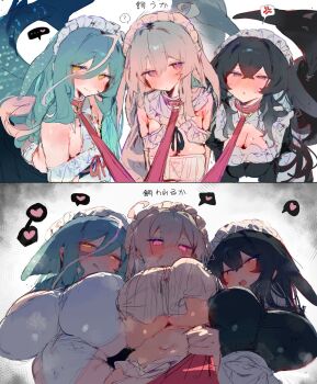 3girls ? ahoge anger_vein animal_collar apron asymmetrical_docking bare_shoulders bdsm black_dress black_hair blue_eyes blue_hair blush breast_press breasts breasts_squeezed_together bunchi cetacean_tail cleavage cleavage_cutout closed_mouth clothing_cutout collar commentary double-parted_bangs dress fins fish_tail from_below grey_hair hair_between_eyes heart highres large_breasts leash long_hair looking_at_viewer maid multiple_girls navel open_mouth orca_girl original pink_eyes pov slave speech_bubble spoken_anger_vein spoken_heart spoken_question_mark steaming_body tail translation_request underboob viewer_holding_leash viewer_on_leash white_apron yellow_eyes