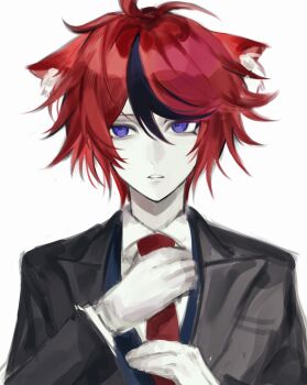 Rule 34 | 1boy, absurdres, animal ear fluff, animal ears, black hair, black jacket, blue eyes, blue vest, cat ears, chinese commentary, collared shirt, commentary request, gloves, hair between eyes, hand on own chest, highres, jacket, kemonomimi mode, lapels, lingdu, male focus, multicolored hair, necktie, notched lapels, pale skin, red hair, red necktie, shirt, short hair, sideways glance, simple background, solo, streaked hair, sumino takumi, the hundred line -last defense academy-, two-tone hair, upper body, vest, white background, white gloves, white shirt