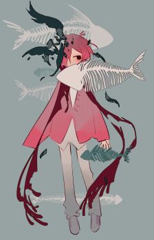 Rule 34 | arms at sides, black eyes, cardigan, chinese commentary, commentary request, dead animal, fish skeleton, full body, grey background, hair over one eye, highres, jibaku shounen hanako-kun, legs apart, mitsuba sousuke, one eye covered, pants, pink cardigan, pink hair, shirt, single sleeve past fingers, standing, swept bangs, untucked shirt, white pants, white shirt, yixiang shuimian