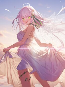 1girl absurdres bare_arms bare_shoulders blue_sky breasts clothes_lift cloud cloudy_sky cocoluce commentary_request commission dawn dress dress_lift feather_hair_ornament feathered_wings feathers green_eyes green_ribbon hair_ornament hanenone_cocone highres large_breasts lifting_own_clothes long_hair looking_at_viewer open_mouth ribbon second-party_source sky sleeveless sleeveless_dress smile solo spaghetti_strap sun sunrise transparent_wings virtual_youtuber white_dress white_feathers white_hair white_wings wings yutori_el