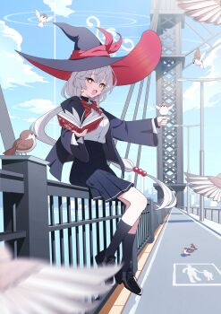 1girl :d absurdres bird bird_on_hand black_hat black_jacket black_shoes black_skirt black_socks blue_archive book bow bowtie braid breasts bridge commentary crossed_bangs dhrmawk159 diagonal-striped_bow diagonal-striped_bowtie diagonal-striped_clothes earrings eri_(blue_archive) gold_earrings hair_bobbles hair_ornament halo hat high-waist_skirt highres holding holding_book hood hood_down hooded_jacket jacket jewelry long_hair looking_at_viewer low-tied_long_hair low_ponytail medium_breasts on_railing open_book open_clothes open_jacket open_mouth orange_eyes pleated_skirt ponytail railing red_bow red_bowtie shirt shirt_tucked_in shoes side_braid single_braid sitting skirt smile socks solo sparkling_eyes sparrow striped_bow striped_bowtie striped_clothes tilted_halo very_long_hair white_shirt witch_hat yellow_halo