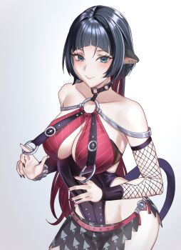 1girl animal_ears aoiabyss bare_shoulders black_hair black_one-piece_swimsuit black_sarong blue_eyes breast_curtains breasts choker cleavage closed_mouth collarbone commentary cowboy_shot earrings fingernails fishnet_sleeves fishnets gradient_background grey_background highres jane_doe_(nocturne_of_light)_(zenless_zone_zero) jane_doe_(zenless_zone_zero) jewelry large_breasts leather_leotard long_hair looking_at_viewer mouse_ears mouse_girl mouse_tail multicolored_hair notched_ear o-ring o-ring_choker o-ring_swimsuit official_alternate_costume one-piece_swimsuit red_hair red_nails red_one-piece_swimsuit sarong smile solo swimsuit tail two-tone_one-piece_swimsuit white_background zenless_zone_zero