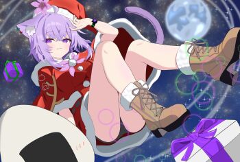 1girl animal_ears cat_ears cat_girl cat_tail christmas christmas_present commentary_request gift hat highres hololive nekomata_okayu purple_eyes santa_hat tail