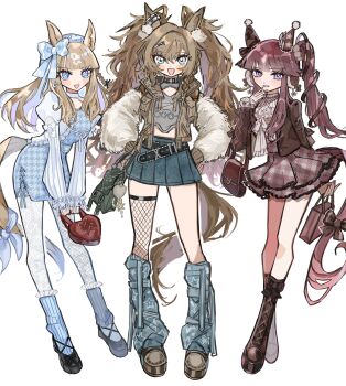 3girls absurdres almond_eye_(umamusume) alternate_costume animal_ears bag belt blast_onepiece_(umamusume) blue_eyes blush boots brown_hair casual commentary_request full_body highres holding horse_ears horse_tail kumo_(mokumoku_warabi) long_hair looking_at_viewer lucky_lilac_(umamusume) multiple_girls open_mouth purple_eyes shoes simple_background standing tail thighhighs twintails umamusume white_background