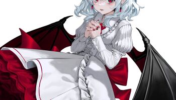 Rule 34 | 1girl, back bow, bat wings, blue eyes, bow, corset, dress, earrings, highres, interlocked fingers, jewelry, juliet sleeves, long sleeves, looking at viewer, medium hair, own hands together, puffy sleeves, pyonsuke (pyon2 mfg), red bow, red eyes, red nails, remilia scarlet, simple background, solo, touhou, white background, white corset, white dress, wings