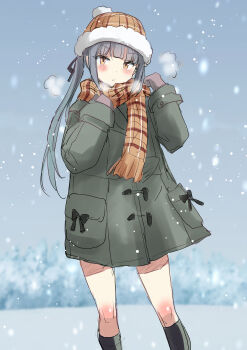 1girl black_socks brown_eyes coat commentary_request fuji_(pixiv24804665) gloves grey_hair hat highres kantai_collection kasumi_(kancolle) long_hair scarf side_ponytail sketch snowing socks solo