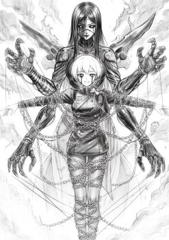 2girls aiguillette blood bloody_tears breasts chain closed_mouth commentary_request dress feet_out_of_frame goddess_of_victory:_nikke greyscale hair_between_eyes highres liliweiss_(nikke) long_sleeves looking_at_viewer monochrome multiple_girls nikke_nikke2nd puppet_strings rapture_queen_(nikke) short_hair smile smoke spoilers star_(symbol)