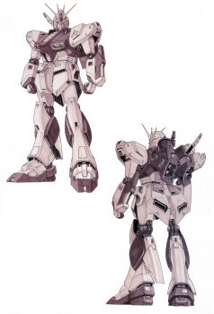 1980s_(style) absurdres back char&#039;s_counterattack colored_pencil_(medium) concept_art gundam highres izubuchi_yutaka looking_at_viewer machinery mecha mecha_focus mobile_suit monochrome multiple_views no_humans nu_gundam oldschool pen_(medium) production_art retro_artstyle robot scan science_fiction sketch thrusters traditional_media v-fin white_background