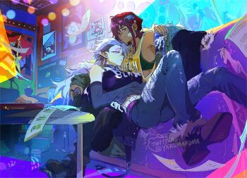 2girls amity_blight beanie bra brown_hair can clothes_writing couch dark-skinned_female dark_skin drink_can elbow_gloves eyeshadow fingerless_gloves gloves hat kuma20151225 lap_pillow luz_noceda makeup multiple_girls on_couch pointy_ears prototype_design purple_eyeshadow purple_hair soda_can the_owl_house underwear yuri