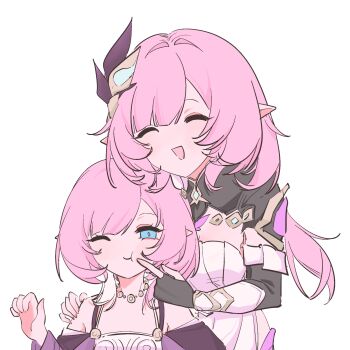 2girls bare_shoulders black_gloves blue_eyes breasts cheek_pinching chinese_commentary cleavage commentary_request company_connection corset cyrene_(aedes_elysiae)_(honkai:_star_rail) cyrene_(honkai:_star_rail) dress elf elysia_(honkai_impact) elysia_(miss_pink_elf)_(honkai_impact) fingerless_gloves gloves hair_ornament highres honkai:_star_rail honkai_(series) honkai_impact_3rd inoue_marina jewelry large_breasts long_hair multicolored_hair multiple_girls necklace one_eye_closed pinching pink_hair pointy_ears short_hair shrug_(clothing) simple_background small_breasts smile textless_version two-tone_hair very_long_hair voice_actor_connection white_background white_corset white_dress white_hair yanning yigedapaohongsinigeerbaiwu