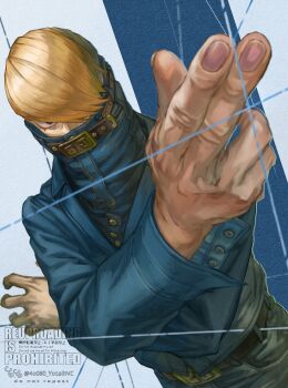 1boy absurdres arm_up belt belt_buckle best_jeanist black_eyes blonde_hair blue_background blue_jacket blue_pants blue_shirt boku_no_hero_academia brown_belt buckle buttons commentary_request covered_mouth cowboy_shot crossed_arms denim denim_jacket denim_shirt diffraction_spikes dutch_angle finger_gun fingernails foreshortening hair_over_one_eye high_collar highres initial jacket jeans lapels long_bangs long_sleeves looking_at_viewer male_focus notched_lapels pants shirt short_hair solo string twitter_username watermark yomoyama_yotabanashi