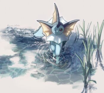 animal_focus blue_eyes blue_fur blue_sclera closed_mouth colored_sclera fins gen_1_pokemon head_fins highres looking_at_viewer nintendo no_humans one_eye_closed plant pokemon pokemon_(creature) pokemon_focus solo suna_k0nbu tail vaporeon water