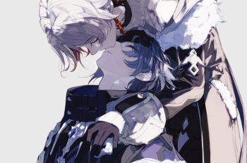 Rule 34 | 2boys, absurdres, black gloves, closed eyes, detached sleeves, earrings, flins (genshin impact), fur trim, genshin impact, gloves, hand on another's face, hand on another's shoulder, highres, illuga (genshin impact), jacket, jewelry, long sleeves, male focus, multicolored hair, multiple boys, parted lips, scar, scar on neck, shuika, single bare shoulder, single earring, teeth, turtleneck, two-tone hair, white background, yaoi