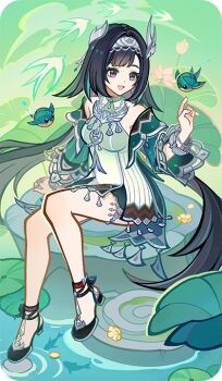 1girl aqua_sleeves bad_source bare_shoulders bird bracelet detached_sleeves dress genshin_impact green_bird green_dress grey_hairband hair_ornament hairband jewelry lan_yan_(genshin_impact) long_hair looking_at_animal necklace non-humanoid_robot official_art open_mouth purple_eyes robot robot_animal robot_bird silver_bracelet silver_necklace sitting solo very_long_hair