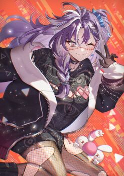 1girl beads black_choker black_gloves black_jacket black_shirt braid braided_bangs breasts choker cleavage creature ear_piercing earrings eye_print fang gloves hair_beads hair_ornament half_gloves jacket jared_(michi_mochievee) jewelry long_hair long_shirt long_sleeves michi_mochievee michi_mochievee_(1st_costume) multicolored_hair one_eye_closed pantyhose piercing print_shirt purple_hair ringed_eyes shirt single_braid skin_fang smile solo stitched_face stitches streaked_hair sumi_(sumi_oen) torn_clothes torn_pantyhose v virtual_youtuber vshojo white_hair