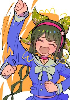 1girl :d absurdres bow bowtie chabashira_tenko choker collarbone danganronpa_(series) danganronpa_v3:_killing_harmony drooling green_hair hairband happy highres long_hair long_sleeves open_mouth orange_background pink_choker pink_hairband skirt smile upper_body white_background white_bow white_bowtie youko-shima