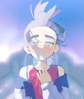 1boy black_hair blurry blurry_background blush closed_mouth commentary_request crying crying_with_eyes_open highres jacket kieran_(pokemon) long_sleeves looking_at_viewer male_focus mole mole_on_neck nintendo off_shoulder open_clothes open_jacket outdoors pokemon pokemon_sv purple_hair red_tank_top solo sparkle tank_top taya_tarou tears upper_body white_jacket yellow_eyes