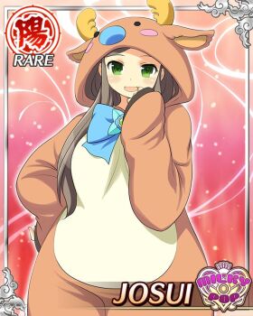 1girl animal_costume border breasts brown_hair card_(medium) character_name cosplay english_text game_cg green_eyes hand_on_own_face hand_on_own_hip josui_(senran_kagura) kigurumi large_breasts long_hair looking_at_viewer official_alternate_costume official_art open_mouth reindeer_costume senran_kagura senran_kagura_new_wave smile smug solo swept_bangs