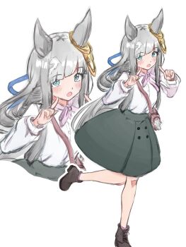 1girl animal_ears bag blunt_bangs blush breasts casual chrono_genesis_(umamusume) commentary_request full_body hair_between_eyes hair_ornament highres horse_ears horse_girl horse_tail looking_at_viewer open_mouth pointing pointing_at_viewer satchel shoes solo standing standing_on_one_leg tail umamusume white_background zenkinsen