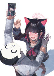 Rule 34 | 1boy, 1girl, absurdres, animal ears, arm grab, arm up, betabeet, black choker, black hair, black jacket, black pantyhose, blue archive, cat ears, cellphone, cellphone photo, choker, doodle sensei (blue archive), fang, from above, halo, highres, holding, holding phone, jacket, kazusa (blue archive), long sleeves, nose bubble, open mouth, pantyhose, phone, pink halo, red eyes, sensei (blue archive), shirt, short hair, simple background, skin fang, sleeping, smartphone, standing, trembling, white background, white shirt