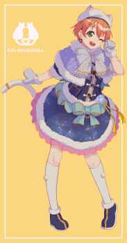 Rule 34 | 1girl, ;d, animal ears, animal hat, black boots, blue skirt, boots, border, capelet, cat, cat ears, cat hat, cat tail, character name, commentary request, fur-trimmed boots, fur-trimmed capelet, fur-trimmed skirt, fur trim, green eyes, hat, heart tail duo, highres, hoshizora rin, inset border, kneehighs, looking at viewer, love live!, love live! school idol project, love live! series official card game, macken666, miniskirt, one eye closed, open mouth, orange hair, outside border, print skirt, purple capelet, quilted capelet, short hair, simple background, skirt, smile, socks, solo, standing, starry sky print, tail, teeth, upper teeth only, white border, white hat, white socks, yellow background