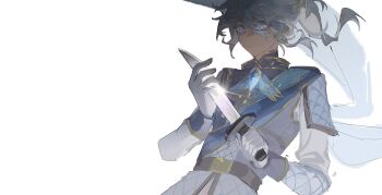 1boy androgynous belt blue_eyes blue_gemstone brown_belt fang gaozhouyong gem gloves gold_trim grey_hair grey_vest highres holding holding_knife identity_v knife looking_at_object luca_balsa luca_balsa_(winter_cicada) male_focus official_alternate_costume ponytail shirt upper_body vest wavy_hair white_background white_gloves white_shirt