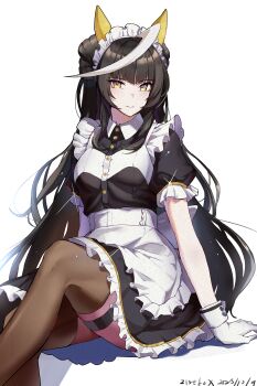 1girl absurdres animal_ears apron black_dress black_hair black_thighhighs blunt_bangs blush breasts calstone_light_o_(umamusume) closed_mouth commentary_request dress ear_covers gloves highres hime_cut hl_(user_zjud7874) horse_ears horse_girl horse_tail long_hair looking_at_viewer maid maid_headdress medium_breasts multicolored_hair puffy_short_sleeves puffy_sleeves short_sleeves simple_background sitting smile solo streaked_hair striped_hair tail thigh_strap thighhighs umamusume white_apron white_background white_gloves white_hair white_headdress yellow_eyes