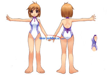 Rule 34 | artist request, back, blunt ends, bob cut, breasts, brown eyes, casual one-piece swimsuit, closed mouth, collared one-piece swimsuit, commentary request, dot nose, dual persona, fingernails, from behind, highres, korean commentary, legs apart, light smile, looking at viewer, medium breasts, multiple views, narrow waist, official art, one-piece swimsuit, open hands, production art, purple one-piece swimsuit, reference sheet, short hair, shoulder blades, simple background, skinny, standing, straight-on, swimsuit, third-party source, toes, turnaround, turtleneck, turtleneck one-piece swimsuit, two-tone one-piece swimsuit, watermark, web address, white background, white one-piece swimsuit, yogurting, zipper