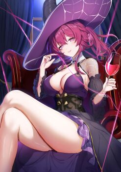 1girl absurdres alcohol alternate_costume black_hat black_overskirt black_skirt breasts commentary_request crossed_legs cup dress drinking_glass gao_kawa hat highres holding holding_cup honkai:_star_rail honkai_(series) indoors kafka_(honkai:_star_rail) large_breasts long_hair looking_at_viewer no_pupils overskirt parted_lips ponytail purple_dress purple_eyes purple_hair sitting skirt smile solo thighs wine wine_glass witch_hat