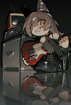 1girl absurdres animal_ear_fluff animal_ears bare_shoulders black_background black_boots black_bra black_jacket black_pantyhose black_shirt boots bra bra_strap brown_hair buttons choker collarbone electric_guitar eyelashes fox_ears full_body ghost_(tama) grey_shorts grin guitar hair_between_eyes highres instrument jacket knees lace-up_boots long_hair long_sleeves music off-shoulder_shirt off_shoulder open_clothes open_jacket orange_choker orange_eyes original pantyhose plaid_clothes plaid_shirt playing_guitar playing_instrument radio_antenna reflective_floor sharp_teeth shirt short_sleeves shorts smile solo squatting stage stereo teeth television torn_clothes torn_pantyhose underwear