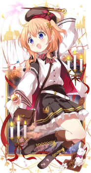 Rule 34 | 1girl, :d, absurdres, animal, arm up, bag, beret, black boots, black bow, black hat, black skirt, blue eyes, blush, boots, bow, breasts, brown hair, brown socks, candle, candlestand, collared shirt, commentary request, diagonal-striped bow, dress shirt, fire, frilled skirt, frills, full body, gochuumon wa usagi desu ka?, hair between eyes, hair ornament, hairclip, hat, highres, holding, hoto cocoa, jacket, lace-up boots, long hair, long sleeves, one side up, open clothes, open jacket, open mouth, pleated skirt, rabbit, shirt, shoulder bag, skirt, small breasts, smile, socks, solo, stick jitb, striped bow, white jacket, white shirt, wide sleeves