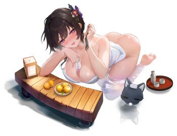 1girl 1other :d animal_ear_fluff animal_ears ass black_hair bottle breasts chipy cleavage collarbone eyes_visible_through_hair feet food fruit hair_between_eyes hair_ornament highres hinomiya_shion hinomiya_shion_(source_of_the_scent) holding holding_bottle large_breasts long_hair looking_at_viewer naked_towel non-web_source official_alternate_costume official_alternate_hairstyle open_mouth orange_(fruit) partially_submerged poker_fate purple_eyes purple_hair reflection reflective_liquid ripples smile thighs towel towel_on_head transparent_background wet