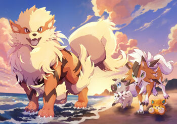 Rule 34 | animal focus, arcanine, beach, blue eyes, brown eyes, claws, cloud, commentary request, evolutionary line, fangs, gen 1 pokemon, gen 7 pokemon, green eyes, highres, kechon-san, looking at viewer, lycanroc, lycanroc (dusk), mountain, nintendo, no humans, ocean, open mouth, outdoors, pawmi, pokemon, pokemon (creature), rockruff, smile, tongue, tree, water