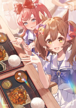 2girls absurdres agnes_digital_(umamusume) animal_ears battery_indicator blue_eyes bow bowl brown_hair chopsticks elbow_rest food hair_bow hands_up highres horse_ears horse_girl long_hair looking_at_viewer medium_hair multiple_girls open_mouth outside_border pink_hair pleated_skirt puffy_short_sleeves puffy_sleeves purple_shirt rice sailor_collar school_uniform shirt short_sleeves sitting skirt smart_falcon_(umamusume) smile table tracen_school_uniform tray twintails twitter_username two_side_up umamusume viewfinder white_skirt yellow_eyes yogukasu