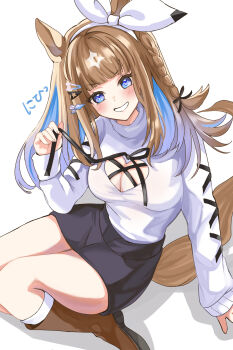 1girl almond_eye_(umamusume) animal_ears black_skirt blue_eyes blue_hair blush boots bow_hairband breasts brown_boots brown_hair cleavage cleavage_cutout clothing_cutout colored_inner_hair grin hairband hanamura_pink highres horse_ears horse_girl horse_tail large_breasts looking_at_viewer multicolored_hair skirt smile solo sweater tail turtleneck turtleneck_sweater two-tone_hair umamusume white_hairband white_sweater
