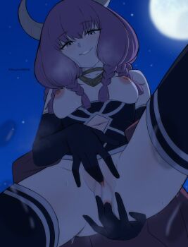 1girl absurdres anal_fingering aura_(sousou_no_frieren) black_gloves black_shirt black_thighhighs blue_eyes braid breasts cape clothing_cutout collarbone demon_girl demon_horns elbow_gloves fingering from_below full_moon gloves gold_necklace highres horns jewelry kagironsfw long_hair looking_at_viewer low-braided_long_hair low-tied_long_hair masturbation medium_breasts moon multiple_braids navel navel_cutout necklace night night_sky nipples outdoors pussy shirt sky smile solo sousou_no_frieren spread_legs spread_pussy stomach sweat thighhighs thighs twin_braids twitter_username uncensored