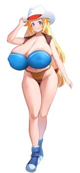 1girl absurdres alternate_breast_size_(larger) arcade_gamer_fubuki areola_slip blonde_hair blue_bra blue_eyes blue_shoes bra breasts brown_panties brown_shirt cosplay covered_erect_nipples cowboy_hat full_body grin hat highres huge_breasts keroro_gunsou looking_at_viewer lucia_morgan melody_honey navel open_clothes open_shirt panties satoyama_meu shirt shoes short_hair sidelocks simple_background smile sneakers solo standing teeth underwear white_background white_hat