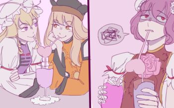 3girls annoyed bandaged_arm bandages blonde_hair bun_cover commentary constellation_print crazy_straw cup detached_sleeves double_bun drinking drinking_glass drinking_straw english_commentary eye_contact flower hair_between_eyes hair_bun hat hat_ribbon heart_straw highres holding holding_cup ibaraki_kasen long_hair long_sleeves looking_at_another matara_okina mob_cap multiple_girls pink_background pink_flower pink_hair pink_rose puffy_short_sleeves puffy_sleeves purple_eyes red_eyes ribbon rose shared_drink sharing_food short_hair short_sleeves slit_pupils smile spoken_squiggle squiggle sukimas tabard touhou trigram wide_sleeves yakumo_yukari yellow_eyes yuri