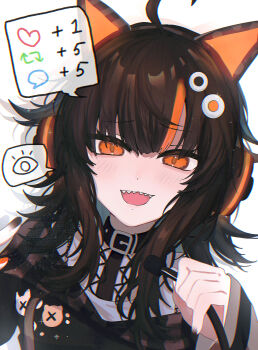 1girl absurdres ahoge animal_ear_headphones animal_ears black_choker black_hair black_sweater cat_ear_headphones cat_ears choker commentary_request fake_animal_ears headphones heart highres like_and_retweet looking_at_viewer mahou_shoujo_no_majo_saiban multicolored_hair off-shoulder_sweater off_shoulder omegayukichi open_mouth orange_eyes orange_streaks sawatari_coco sharp_teeth simple_background solo speech_bubble streaked_hair sweater teeth white_background