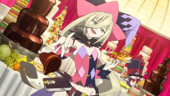 1girl artist_request asymmetrical_sleeves bienfu_(tales) black_sleeves blonde_hair book chocolate_fountain commentary cowboy_shot detached_sleeves english_commentary feather_collar food fruit game_asset green_eyes hair_between_eyes hat holding holding_plate indoors long_hair looking_at_viewer magilou_(tales) mismatched_sleeves multicolored_hat multicolored_sleeves normin_(tales) official_art open_mouth pink_sleeves plate pointy_ears smile standing table tales_of_(series) tales_of_berseria tales_of_the_rays third-party_source very_long_hair witch_hat