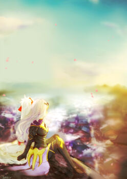 Rule 34 | 1boy, 1girl, between breasts, breasts, camilla (fire emblem), chignon, cleavage, cliff, fire emblem, fire emblem fates, green eyes, horizon, nintendo, older female and younger male, on ground, purple hair, strap between breasts, takumi (fire emblem)